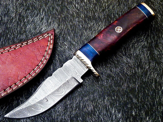 Heritage Forge 8 Inch Damascus Bowie Knife with Natural Wood Handle and Brass Bolster