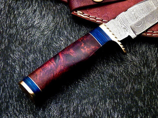 8" Compact Damascus Steel Bowie Knife with Brass & Wood Handle