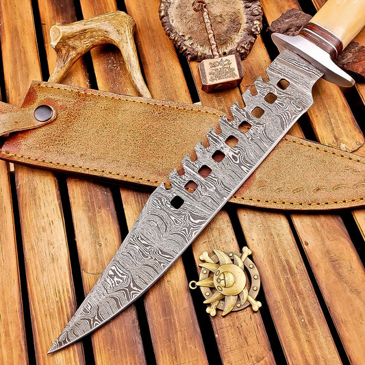 16" Damascus Steel Bowie Knife | Bone Handle & Sheath