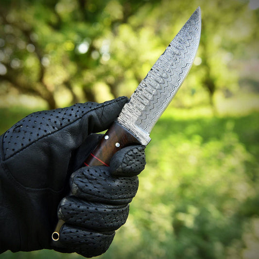 8" Damascus Bowie Knife – Pakkawood & Rosewood Handle with Leather Sheath