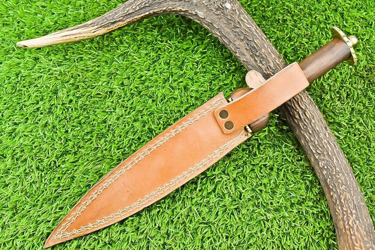 13" Damascus Steel Dagger Bowie Knife – Natural Wood Handle & Brass Bolster