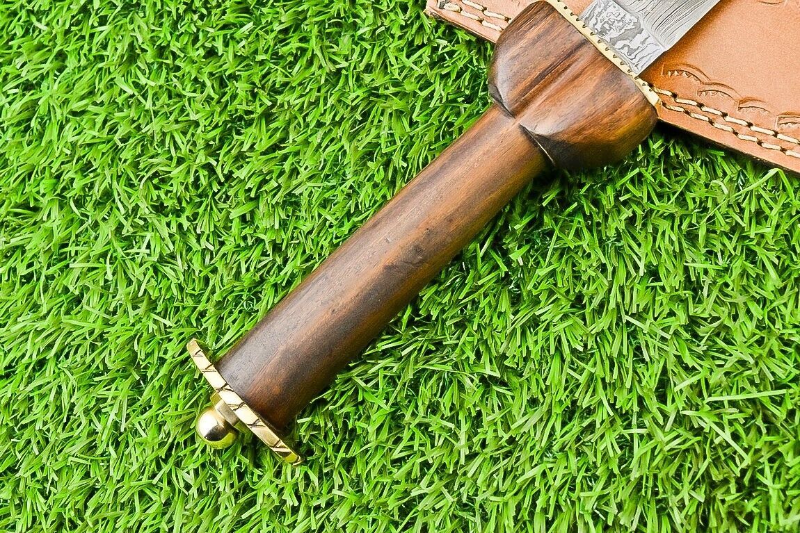 13" Damascus Steel Dagger Bowie Knife – Natural Wood Handle & Brass Bolster