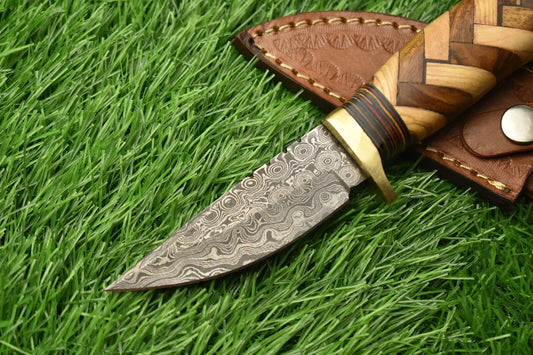 Damascus Steel Skinner Knife – Hardwood Handle with Brass Guard and Leather Sheath for Hunting and Hiking