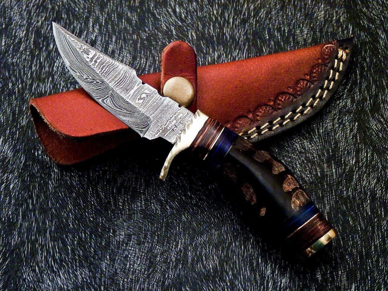 6" Handmade Damascus Bowie Knife – Ram Horn & Hardwood Handle with Brass Bolster
