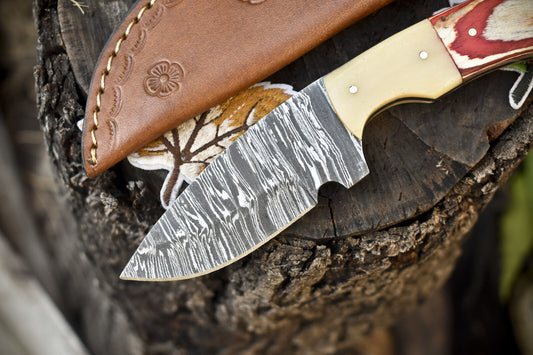 Twist Damascus Skinner Knife with Hardwood Handle for EDC Hunting and Camping