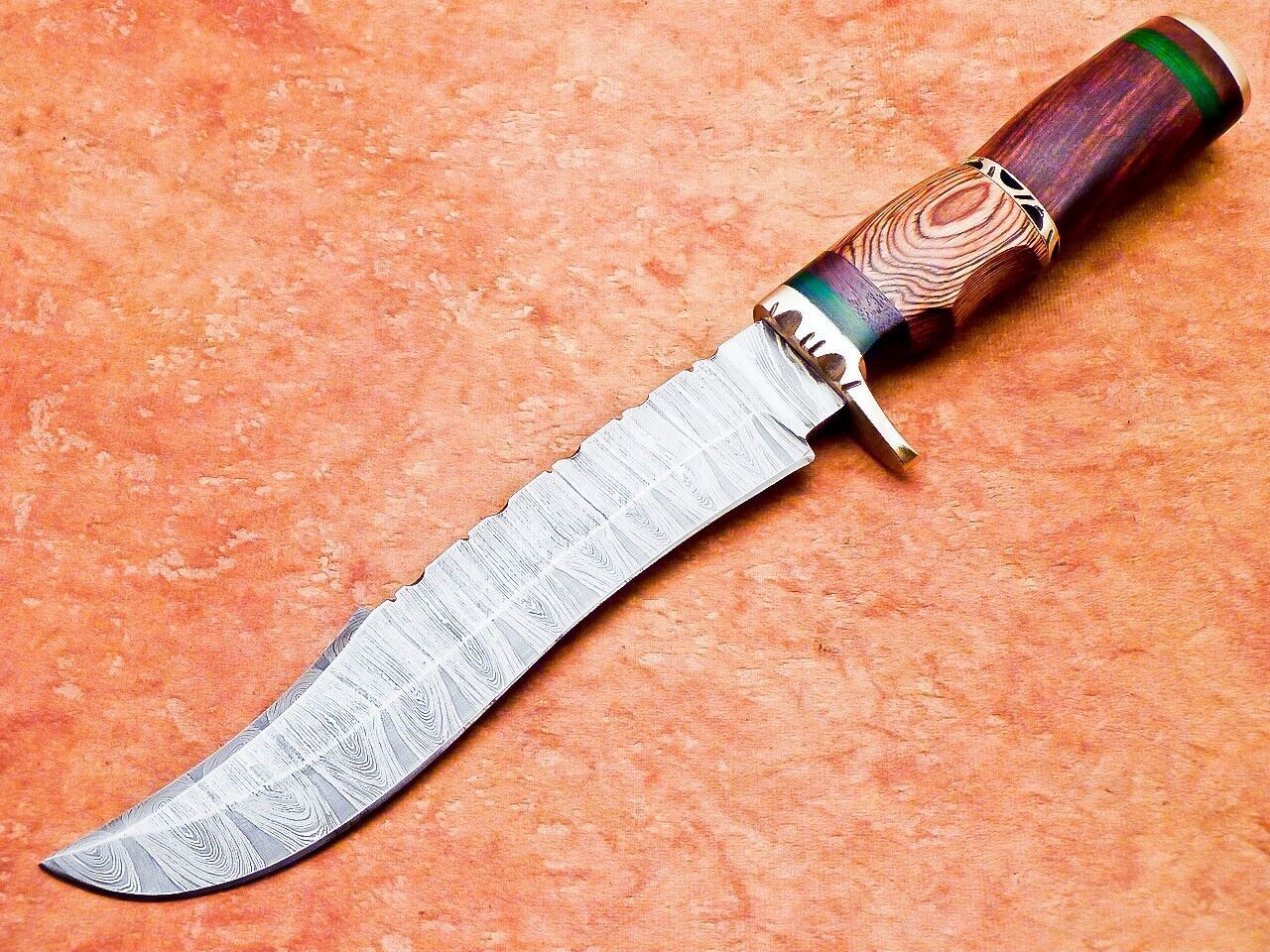 13.5" Damascus Steel Bowie Knife with Natural Wood Handle – Hunting & Camping Knife