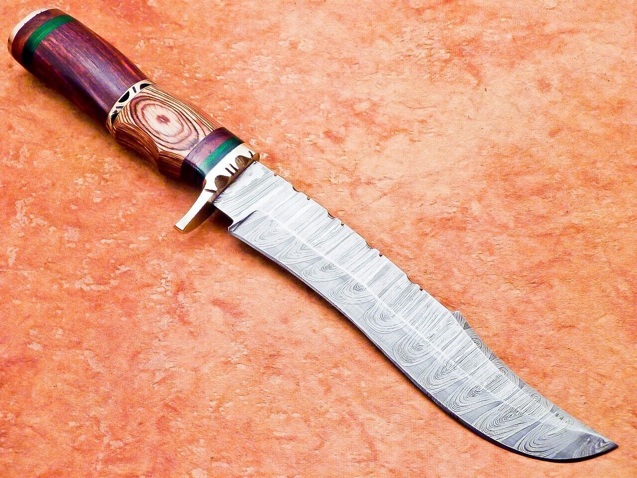 13.5" Damascus Steel Bowie Knife with Natural Wood Handle – Hunting & Camping Knife