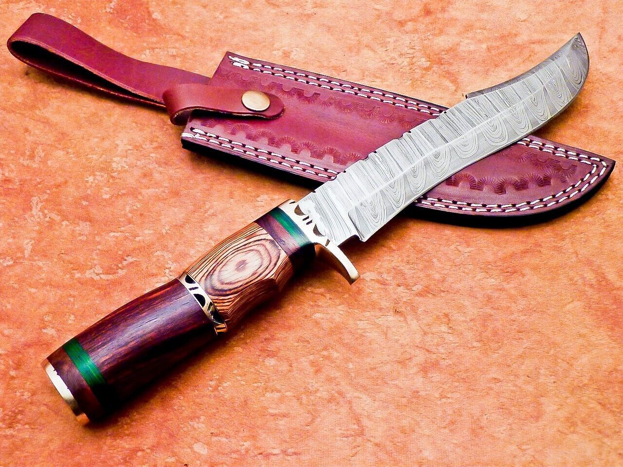 13.5" Damascus Steel Bowie Knife with Natural Wood Handle – Hunting & Camping Knife