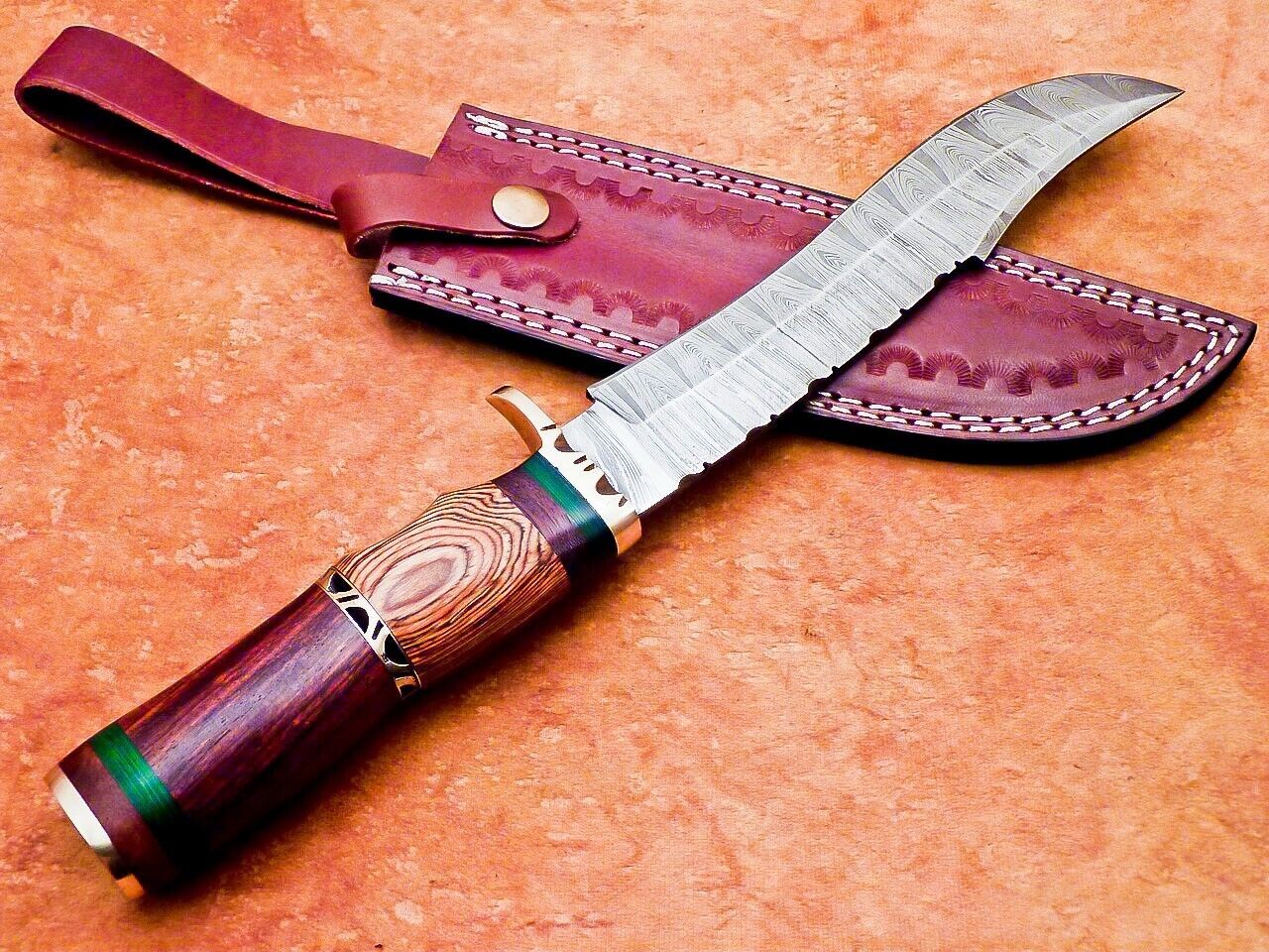 13.5" Damascus Steel Bowie Knife with Natural Wood Handle – Hunting & Camping Knife