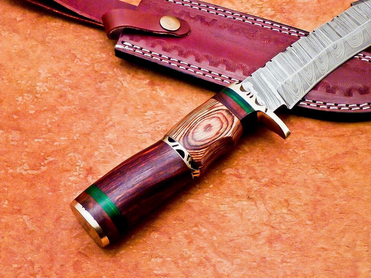 13.5" Damascus Steel Bowie Knife with Natural Wood Handle – Hunting & Camping Knife
