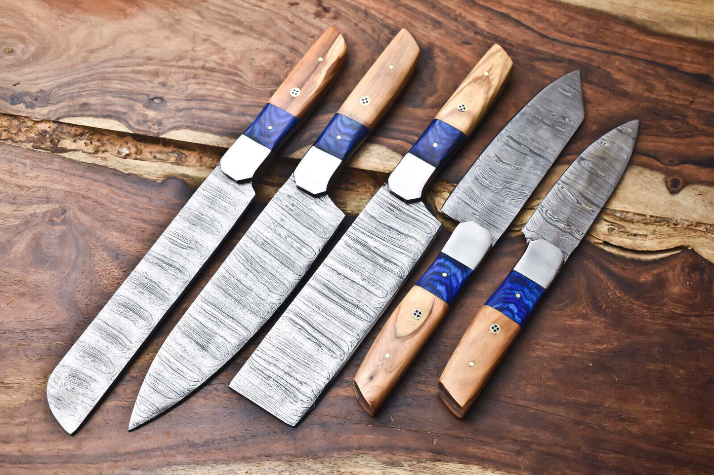 Set of 5 Handmade Full Tang Damascus Steel Chef Knives – Professional Kitchen Knife Set
