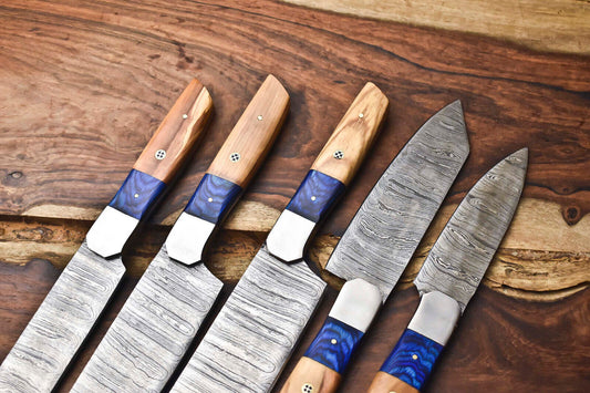 Set of 5 Handmade Full Tang Damascus Steel Chef Knives – Professional Kitchen Knife Set