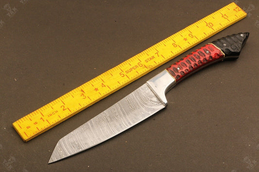 11" Hand Forged Ladder Damascus Steel Santoku Chef Knife – Camel Bone & Wood Handle