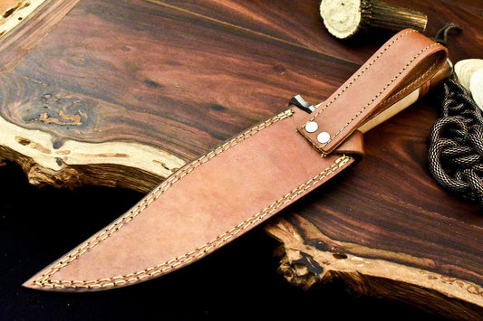 12.5" Handmade Damascus Bowie Knife – Camel Bone Handle & Leather Sheath