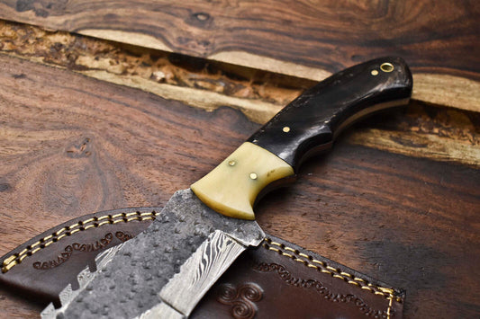 Rare Handmade Damascus Tracker Knife – Full Tang Camping, Hunting & Survival Knife with Leather Sheath