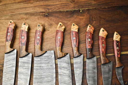Custom Lot Of 8 Handmade Hammered Damascus Steel Blade Chef Set Knife