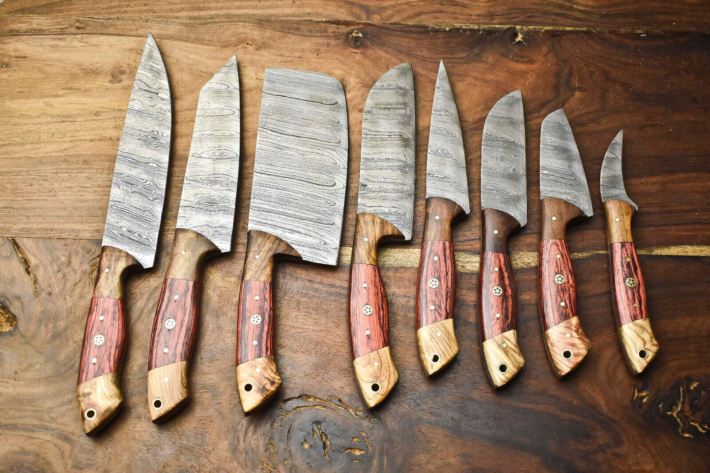 Custom Set Of 8 Handmade Hammered Damascus Steel Blade Chef Set Knife
