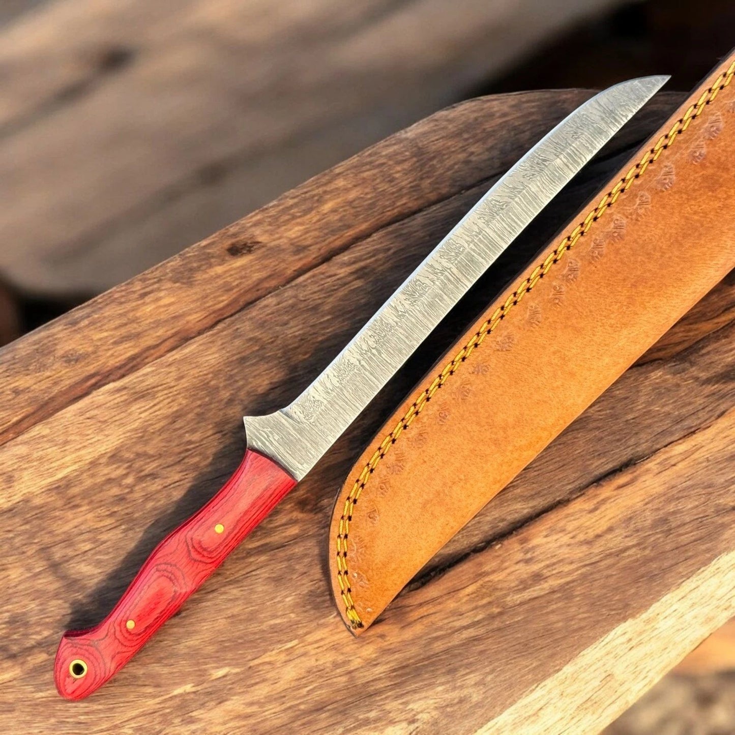12” Custom Handmade Damascus Steel Fillet Knife with Wood Handle & Sheath