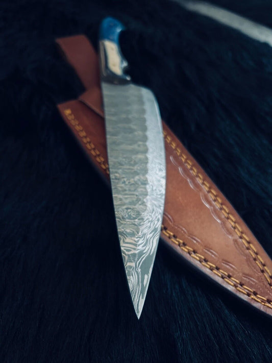 12.5" Custom Handmade Fire Damascus Steel Santoku Chef Knife – Camel Bone & Wood Handle