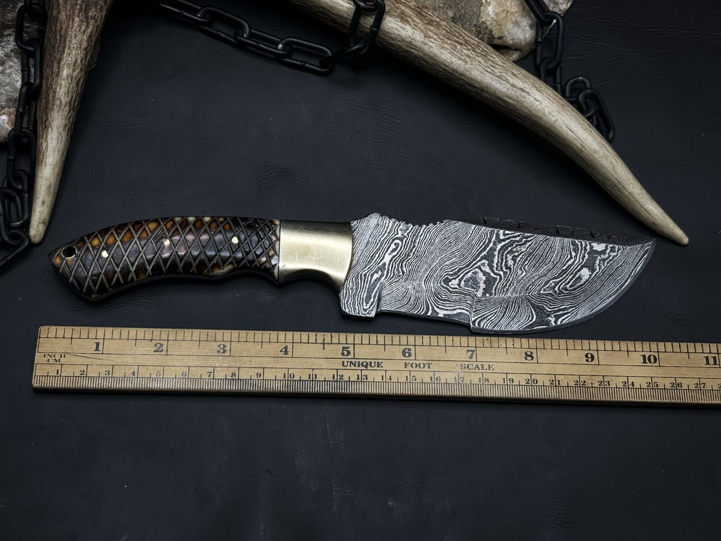 Handmade Damascus Steel Hunting Tracker EDC Knife with Bone Handle and Cow Leather Cover