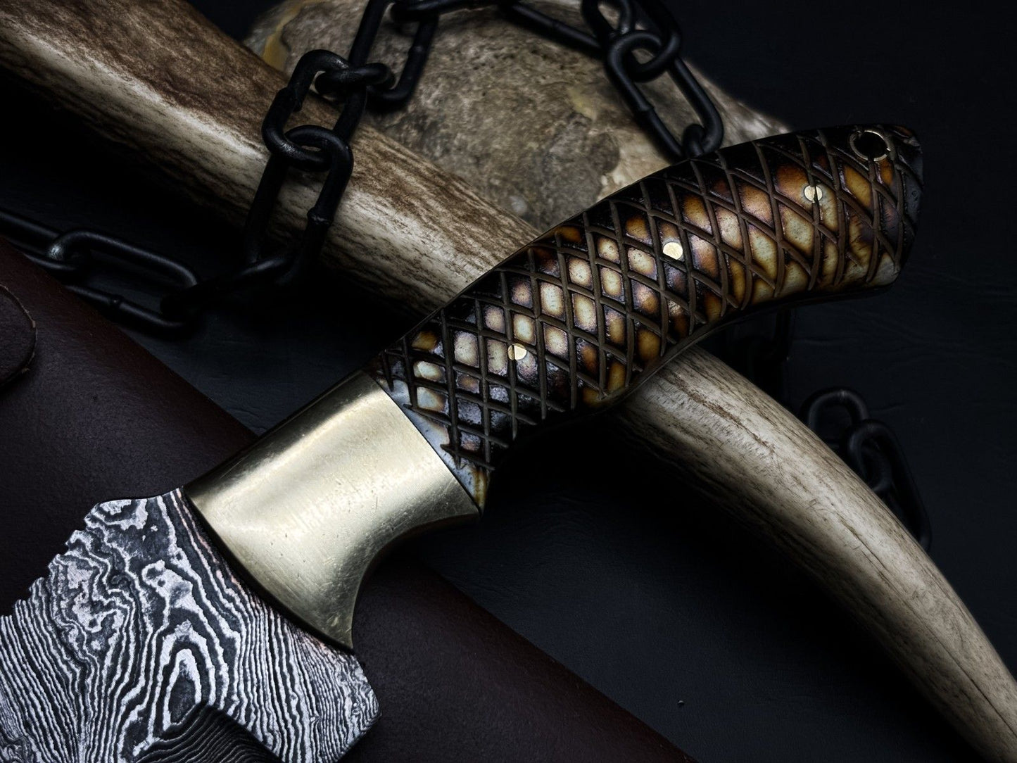 Handmade Damascus Steel Hunting Tracker EDC Knife with Bone Handle and Cow Leather Cover