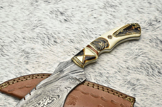 10.0" Handmade Damascus Steel Tracker Knife – Full Tang Hunting, Camping & Survival Knife with Hardwood Handle & Leather Sheath