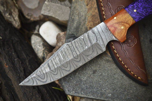 10" Handmade Twist Damascus Skinner Knife with Corian Handle & Micarta Bolster – Tactical Outdoor Blade