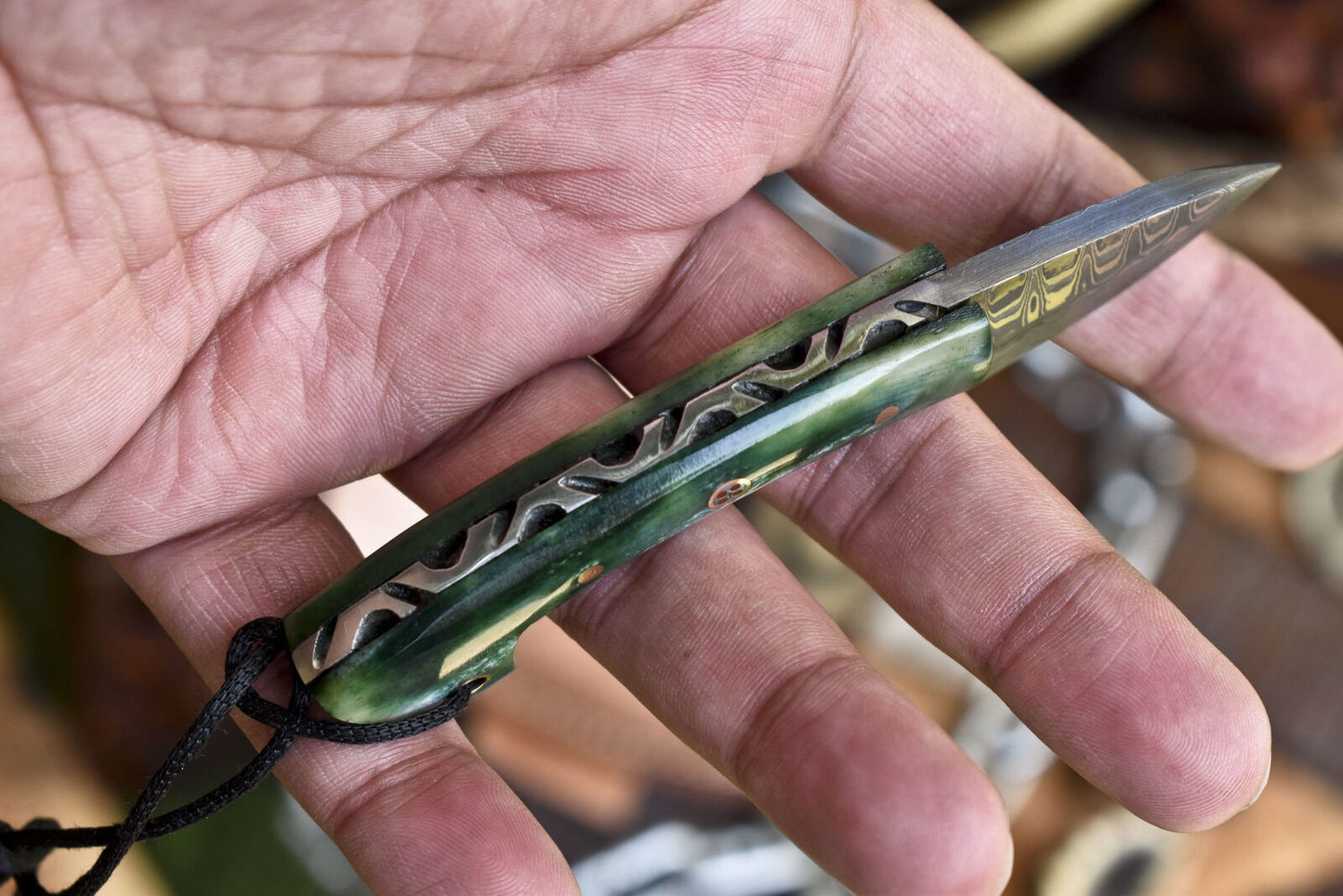 Forged Skinner Knife Ladder Damascus Bone Miniature Fishing Knife w/ Leather Sheath Handmade Rare