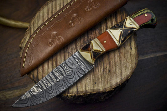 Custom Twist Damascus Skinner Knife Bone and Wood Handle 8.5" EDC Best Seller
