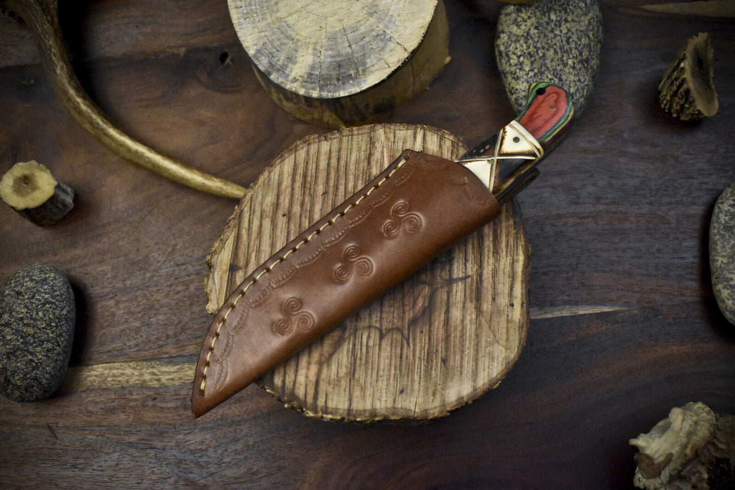 Custom Twist Damascus Skinner Knife Bone and Wood Handle 8.5" EDC Best Seller