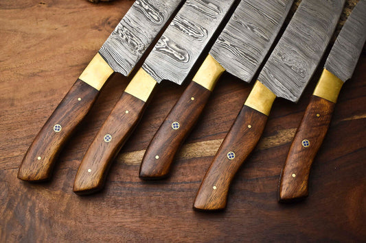 Set of 5 Handmade Hammered Damascus Steel Chef Knives – Premium Damascus Blade Collection