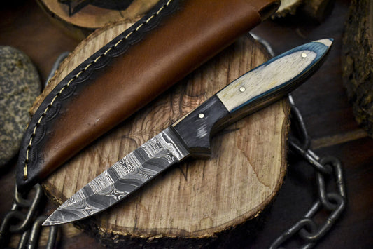 Twist Damascus Skinner Knife with Hard Wood Handle and Wooden Bolster – 8 Inch Hunting & Sports Blade