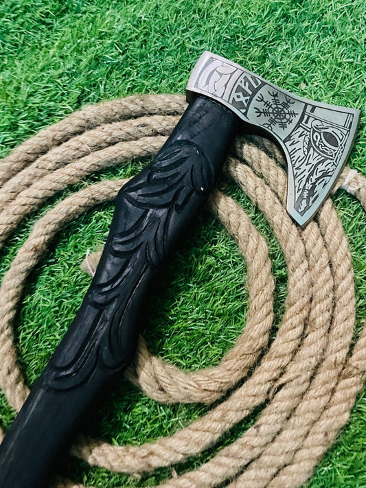 24" Hand Forged Carbon Steel Viking Tomahawk Bearded Integral Axe with Wooden Handle and Leather Sheath