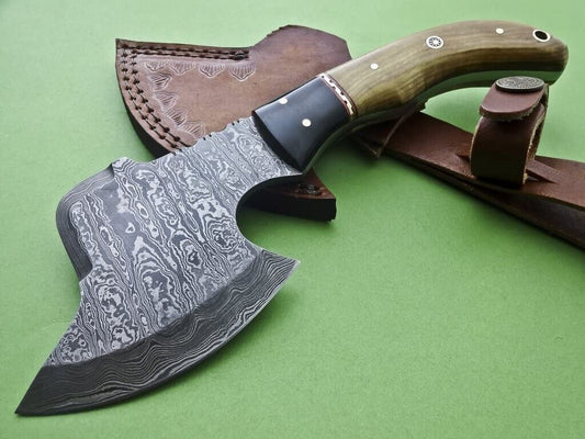 Custom Handmade Damascus Steel 9-Inch Hatchet Axe | Exotic Wood & Bull Horn Handle with Leather Sheath – Camping, Hunting, & Tactical Damascus Axe