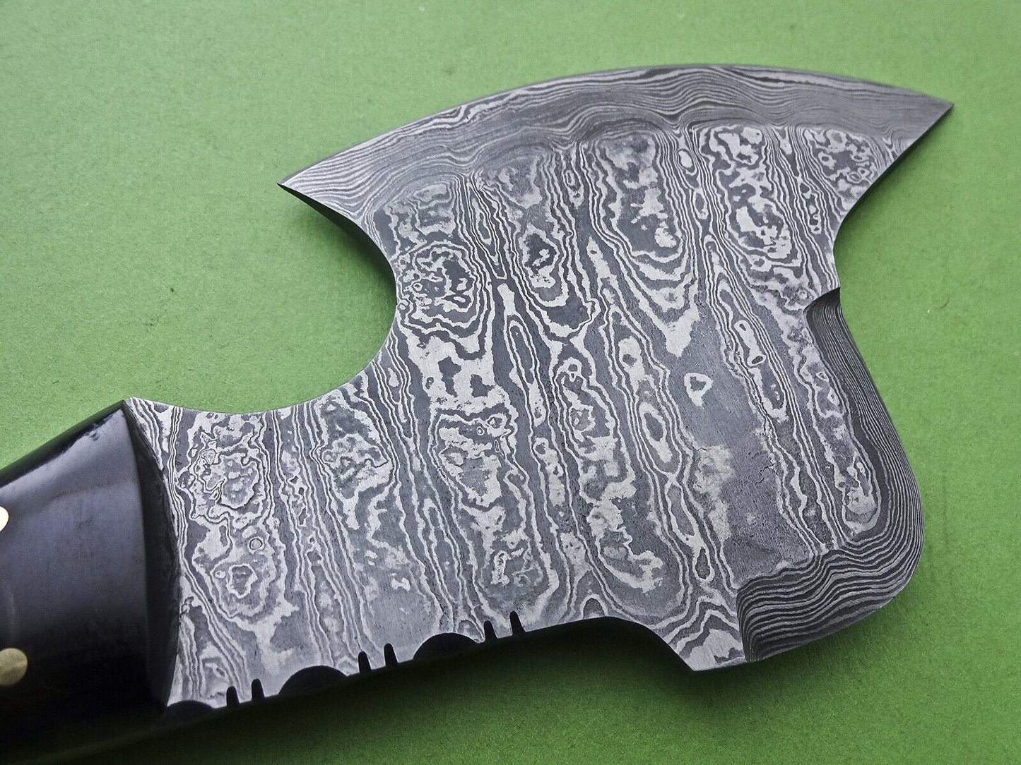 Custom Handmade Damascus Steel 9-Inch Hatchet Axe | Exotic Wood & Bull Horn Handle with Leather Sheath – Camping, Hunting, & Tactical Damascus Axe
