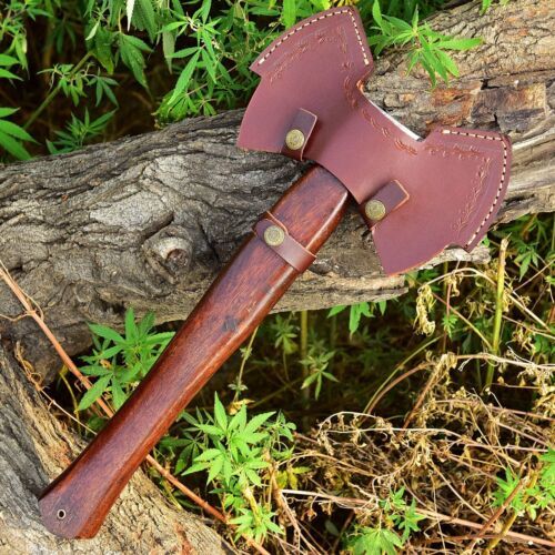 Damascus Steel Double Head Axe with Cocobolo Wood Handle and Leather Sheath – Outdoor Survival Hatchet