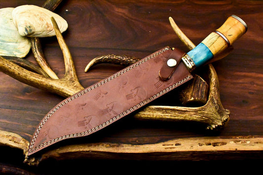 16" Damascus Steel Bowie Knife | Camel Bone Handle & Leather Sheath