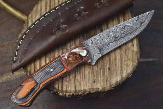Custom Damascus Skinner Knife Raindrop Pattern Hardwood Handle Hunting Tool