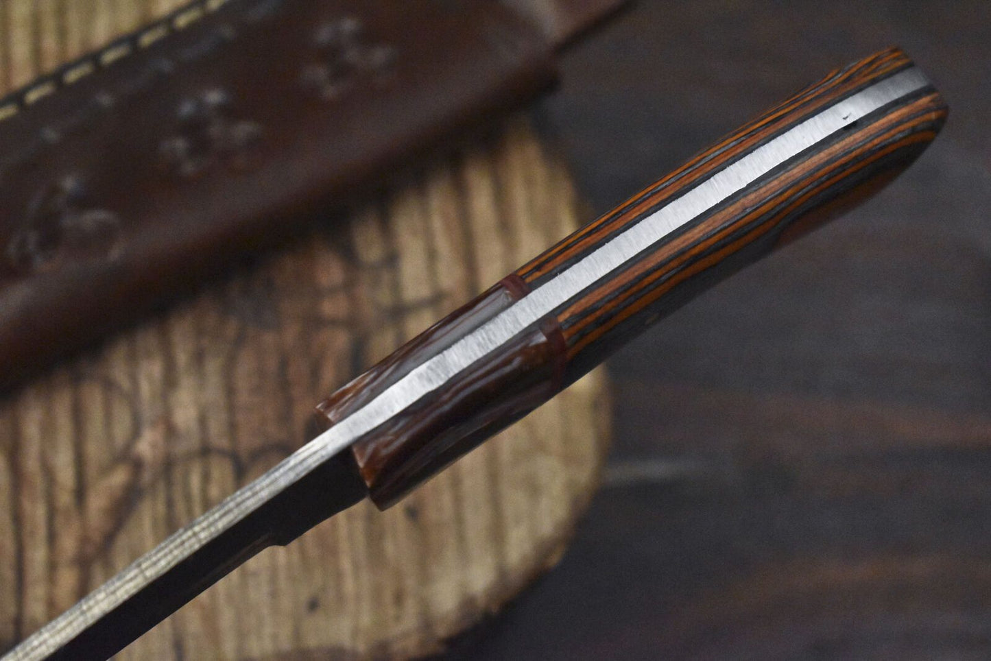 Custom Damascus Skinner Knife Raindrop Pattern Hardwood Handle Hunting Tool