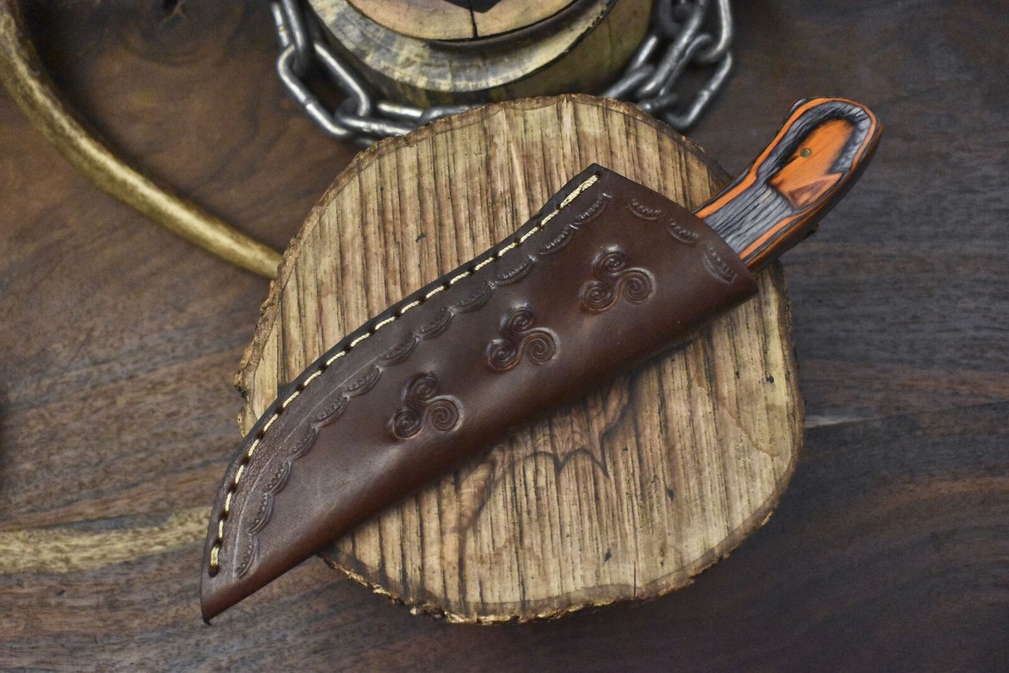 Custom Damascus Skinner Knife Raindrop Pattern Hardwood Handle Hunting Tool