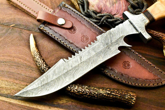 15" Handmade Damascus Steel Bowie Hunting Knife | Olive Wood Handle