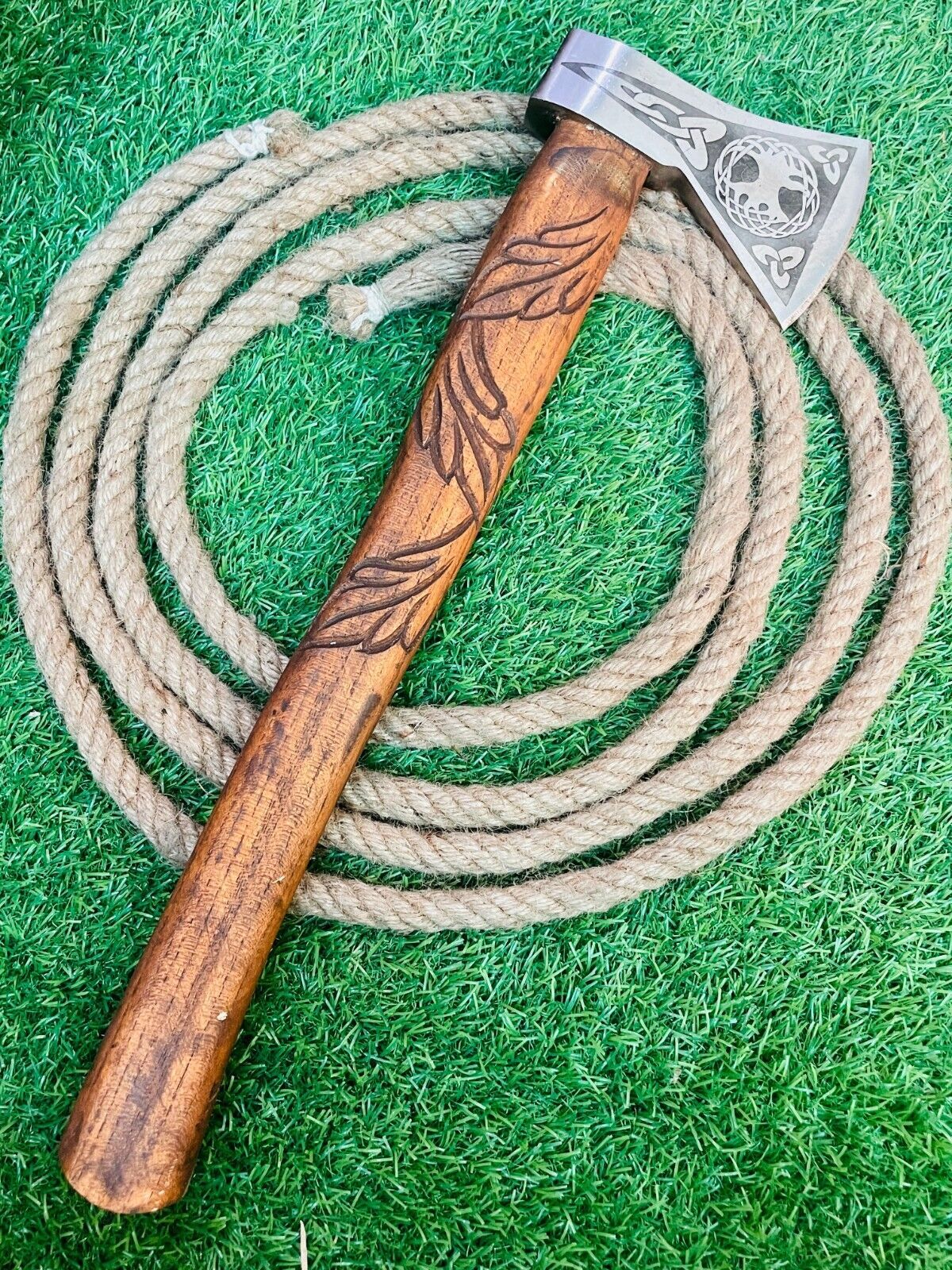 Engraved Carbon Steel Viking Battle Tomahawk Axe 23 Inch Wooden Handle