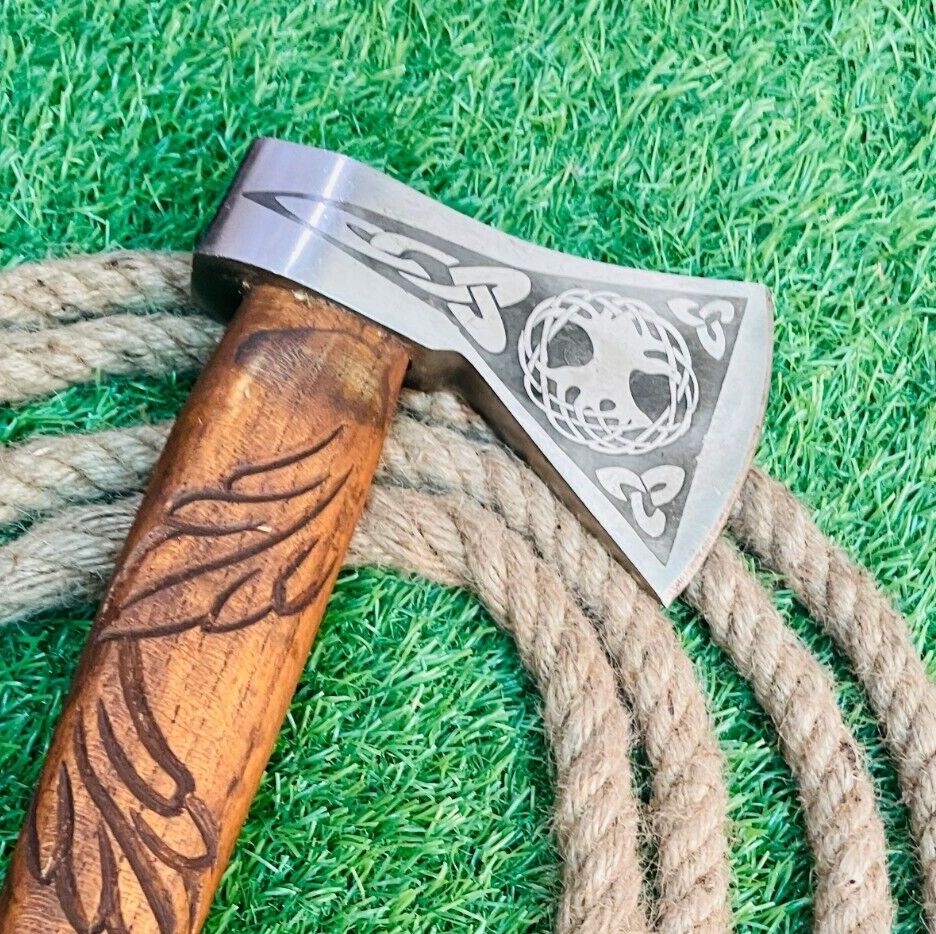 Engraved Carbon Steel Viking Battle Tomahawk Axe 23 Inch Wooden Handle