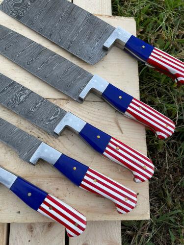 Handmade Damascus Steel Chef Knife Kitchen Set – American Flag, 5-Piece Set
