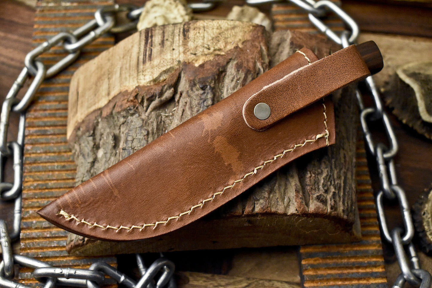 Handmade Skinner Knife Rain Drop Damascus Walnut Wood Tactical Bushcraft w/ Leather Sheath