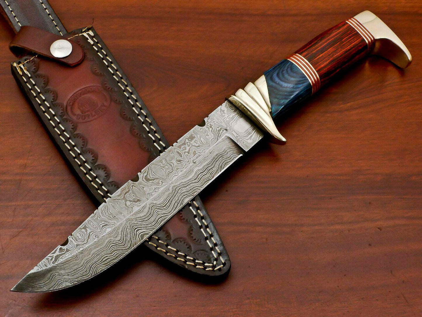 12” Handmade Damascus Bowie Knife with Pakka Wood Handle & Brass Guard