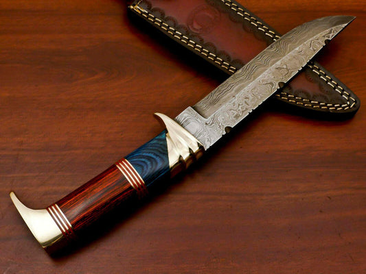 12” Handmade Damascus Bowie Knife with Pakka Wood Handle & Brass Guard