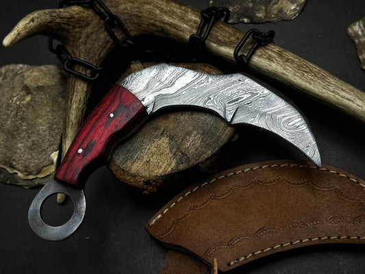 9” Handmade Damascus Karambit Knife Damascus Steel Karambit with Wood Handle