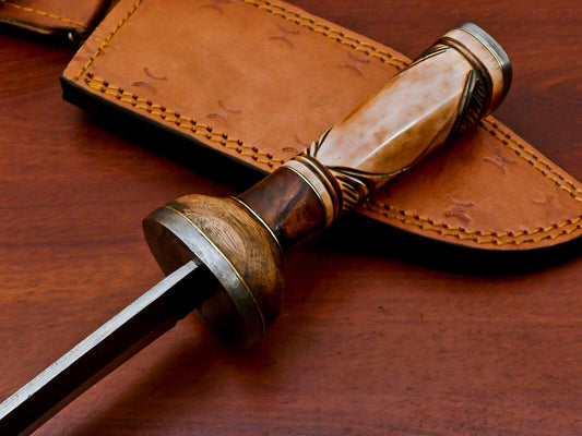 12" Handmade Damascus Bowie Hunting Knife with Engraved Bone & Wood Handle