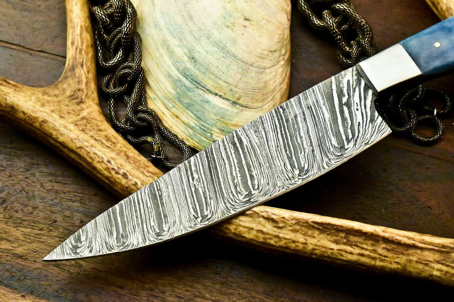 Custom HandMade Damascus Steel Chef Knife, Full Tang, 7.5-Inch Blade, 12.5-Inch Overall, Stained Camel Bone Handle, Oil-Tempered 58-60 HRC, Handcrafted